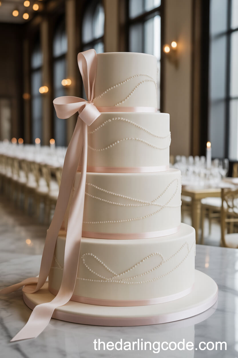 Ivory Pearl-Studded Cake with Satin Fondant Bows