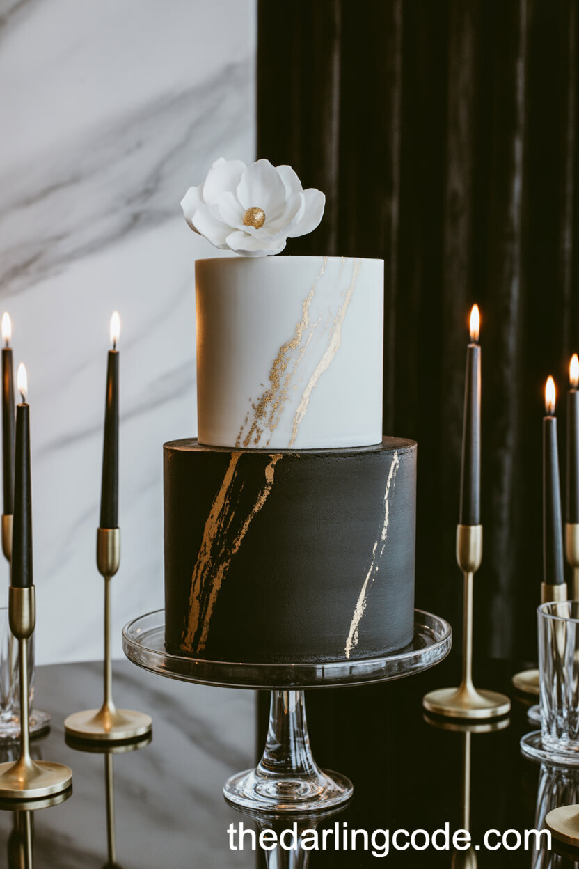 Matte Black and White Cake with Gold Vein Detailing