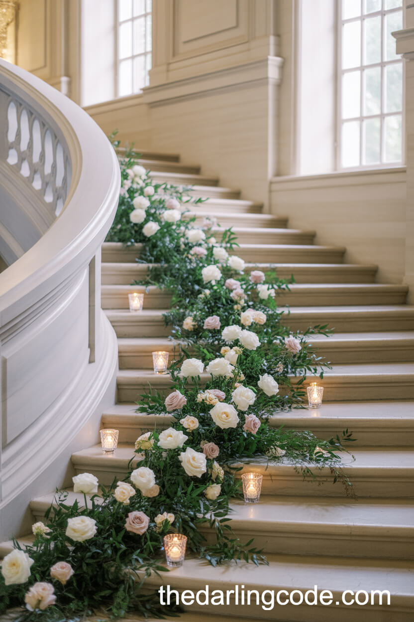 Grand Staircase Adorned with Florals and Candlelight