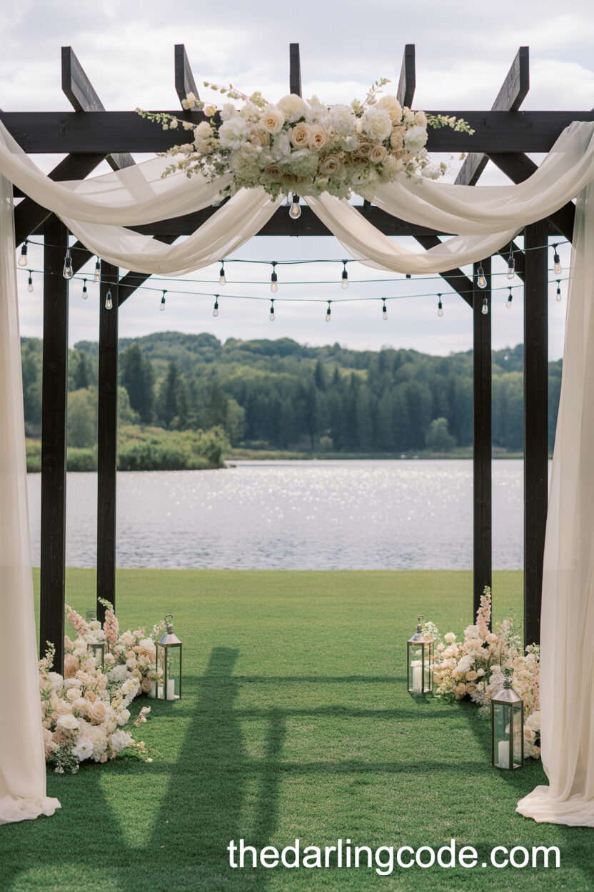 Modern Pergola Ceremony with Draped Fabric and Florals