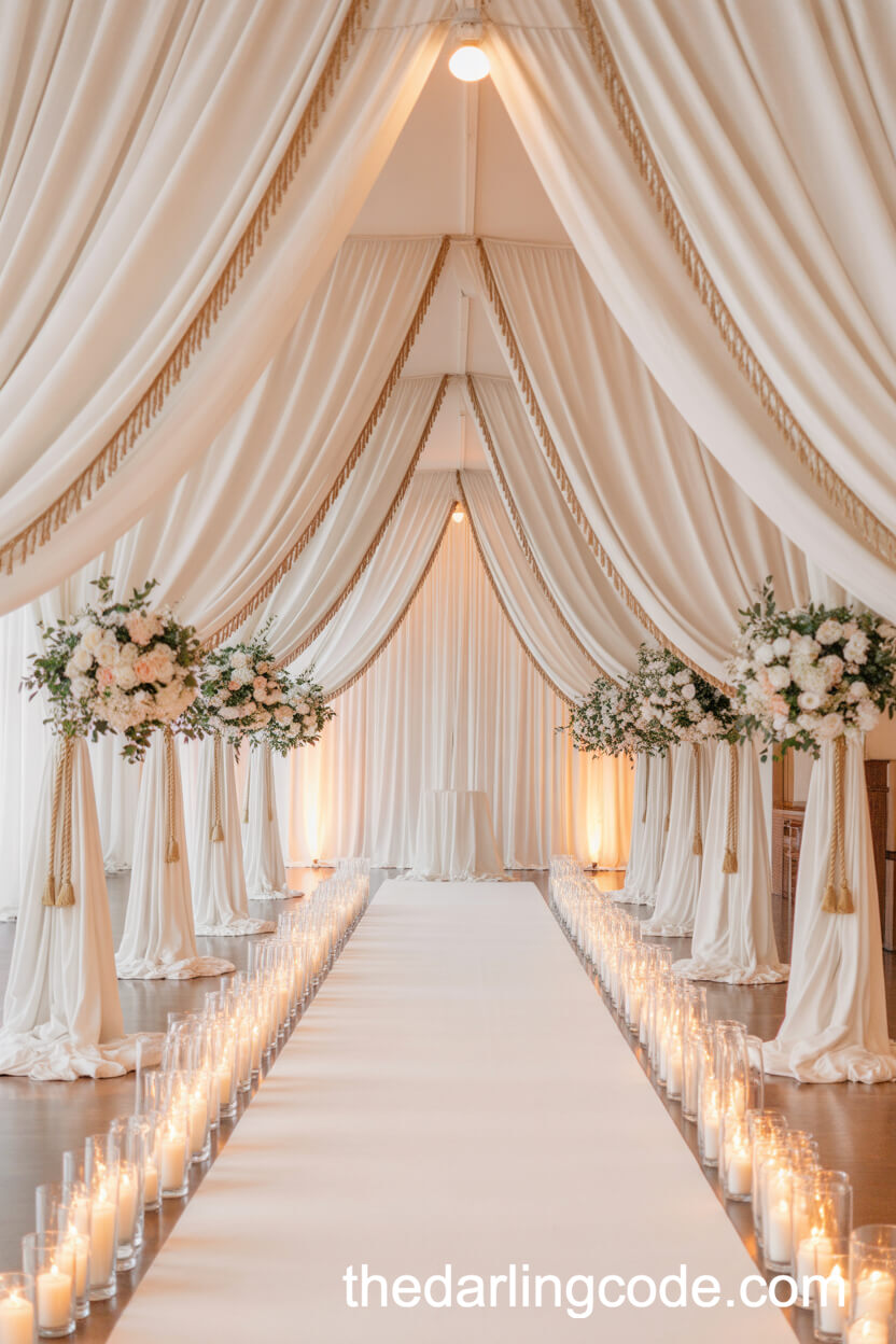 Dramatic Velvet Drapes and Aisle-Lined Flowers