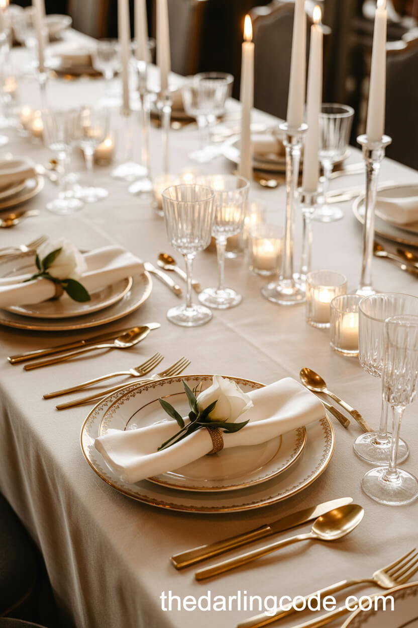 Classic Reception Table with Gold Details and Candlelight