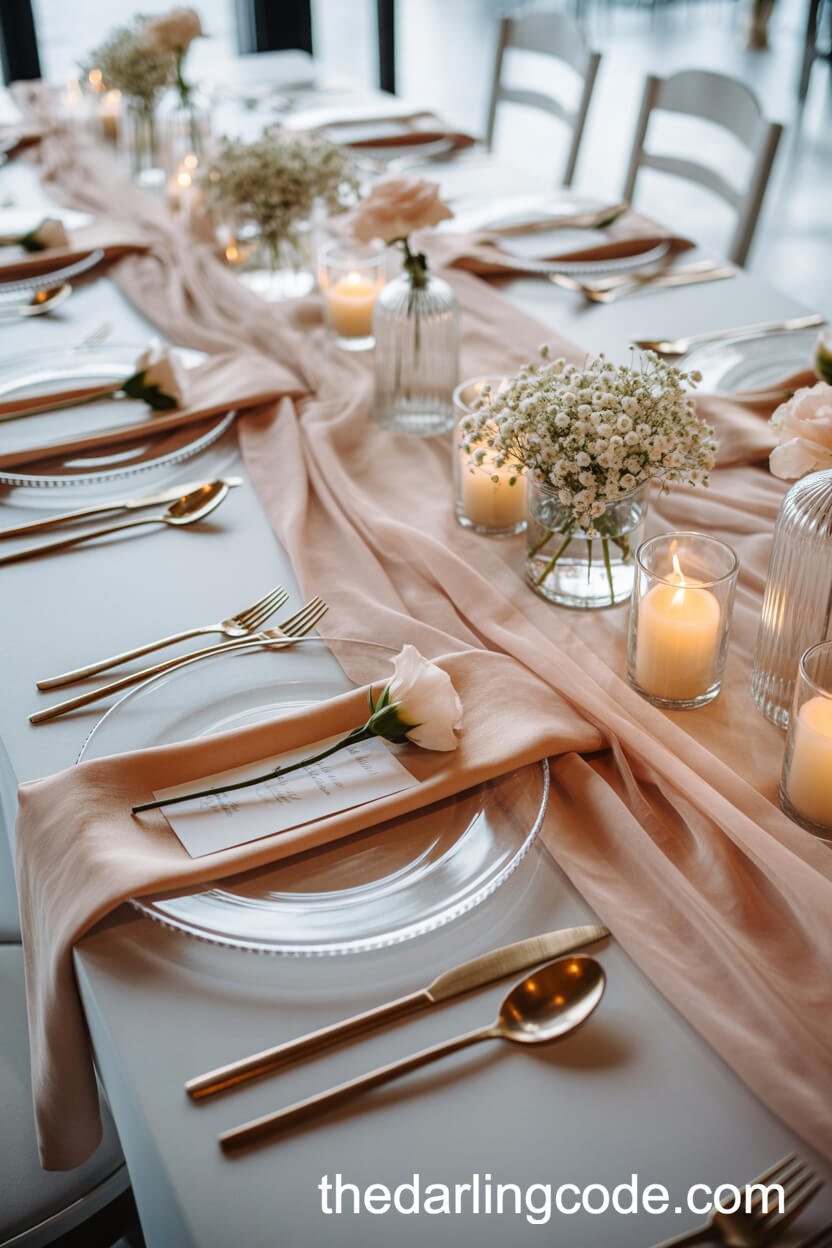 Modern Blush Reception Table with Sheer Silk Runner
