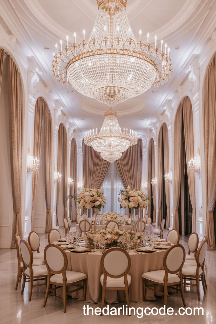 Ballroom Decor with Crystal Chandeliers and Tall Centerpieces