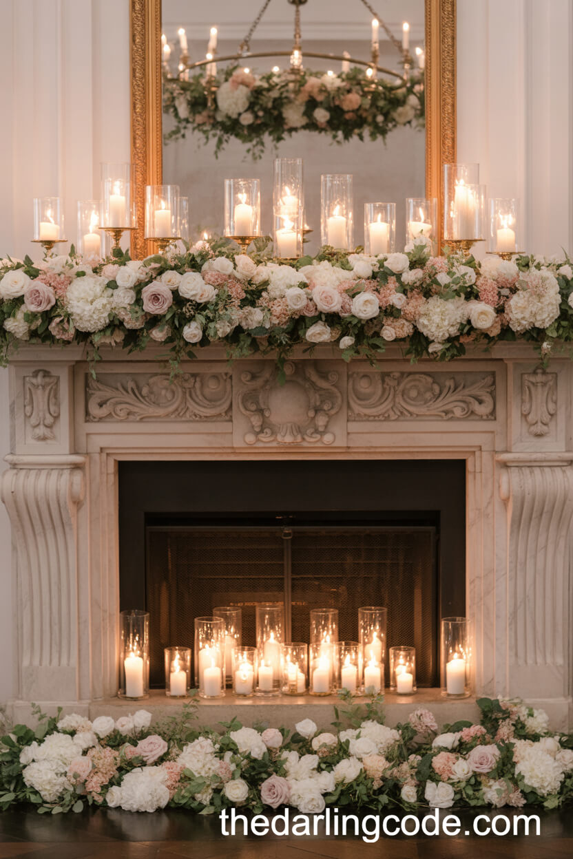 Opulent Mantel Decor with Lush Florals and Candlelight