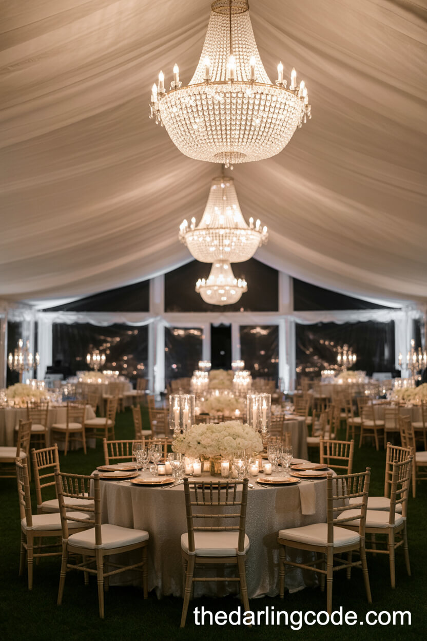 Opulent Tented Wedding Reception Under Chandeliers