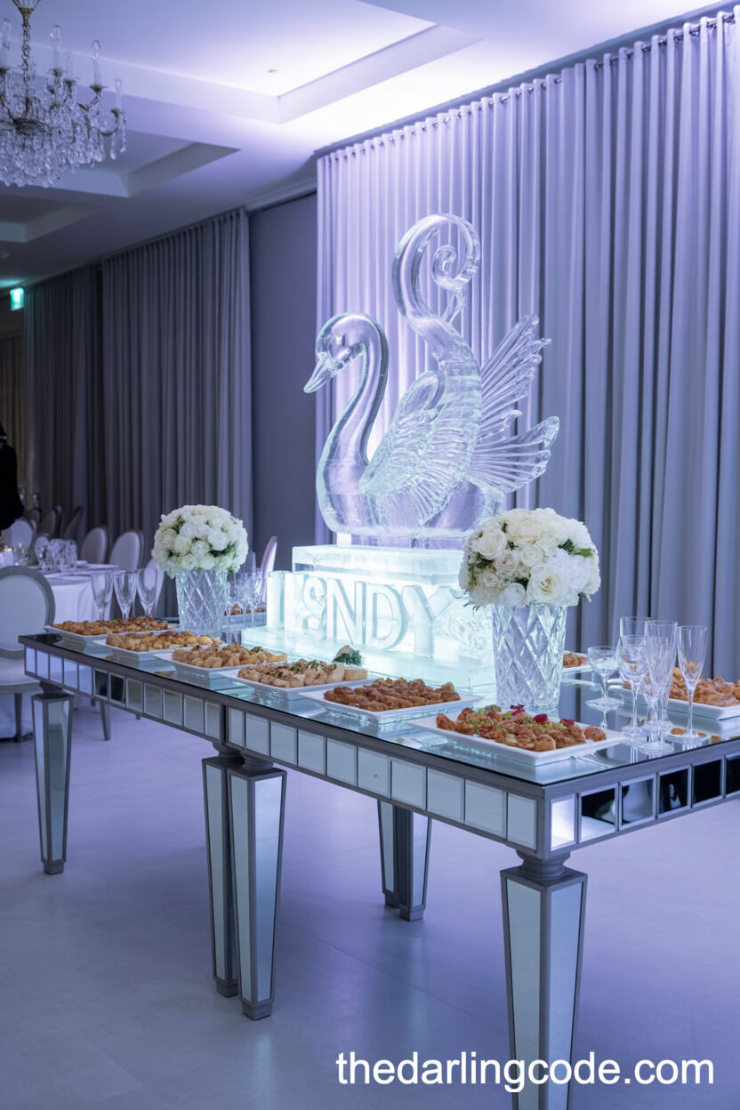 Opulent Wedding Reception Hall With Ice Sculpture Centerpiece