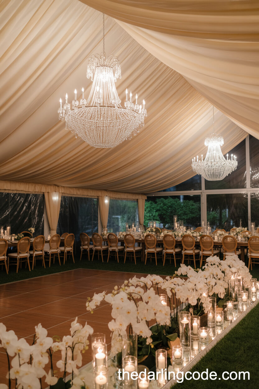 Ivory Tent Wedding Reception With Flowing Drapes And Chandeliers