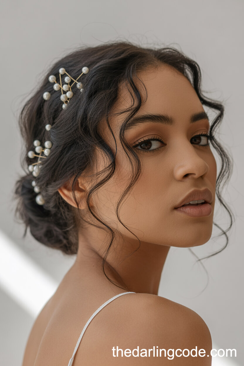 Undone Messy Updo With Scattered Pearl Pins