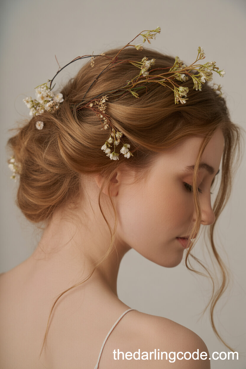Textured Messy Updo Intertwined With Floral Vines
