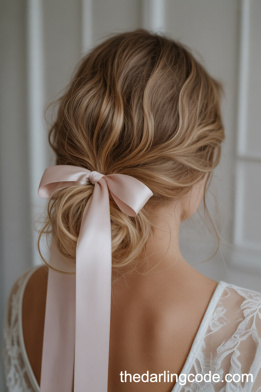Loose Messy Updo Tied With A Satin Ribbon