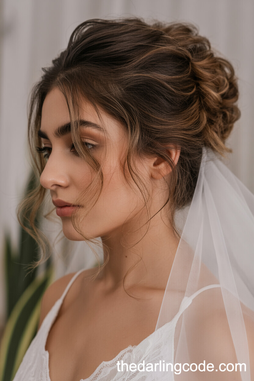 Messy Updo Incorporating A Sheer Wedding Veil