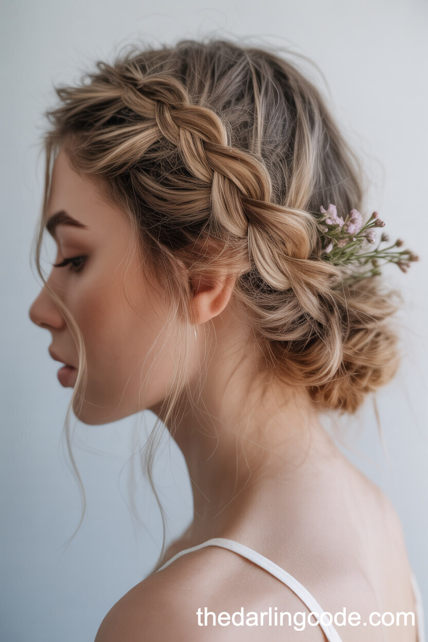 Messy Braided Updo With Loose Strands And Florals