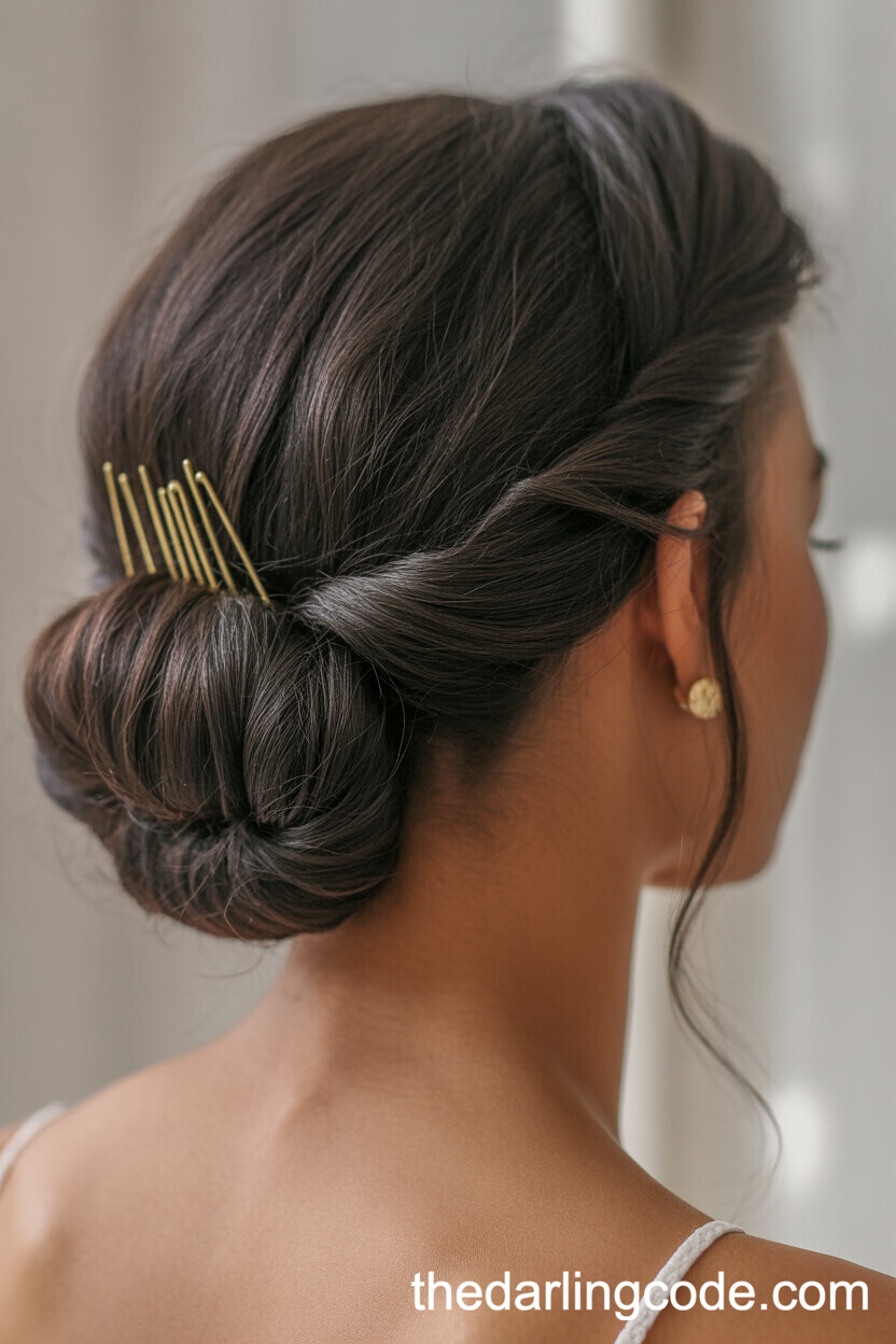 Low Messy Chignon Updo With Gold Hairpins