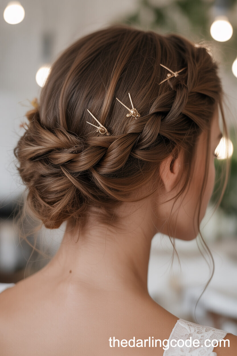 Twisted Crown Messy Updo With Metallic Pins