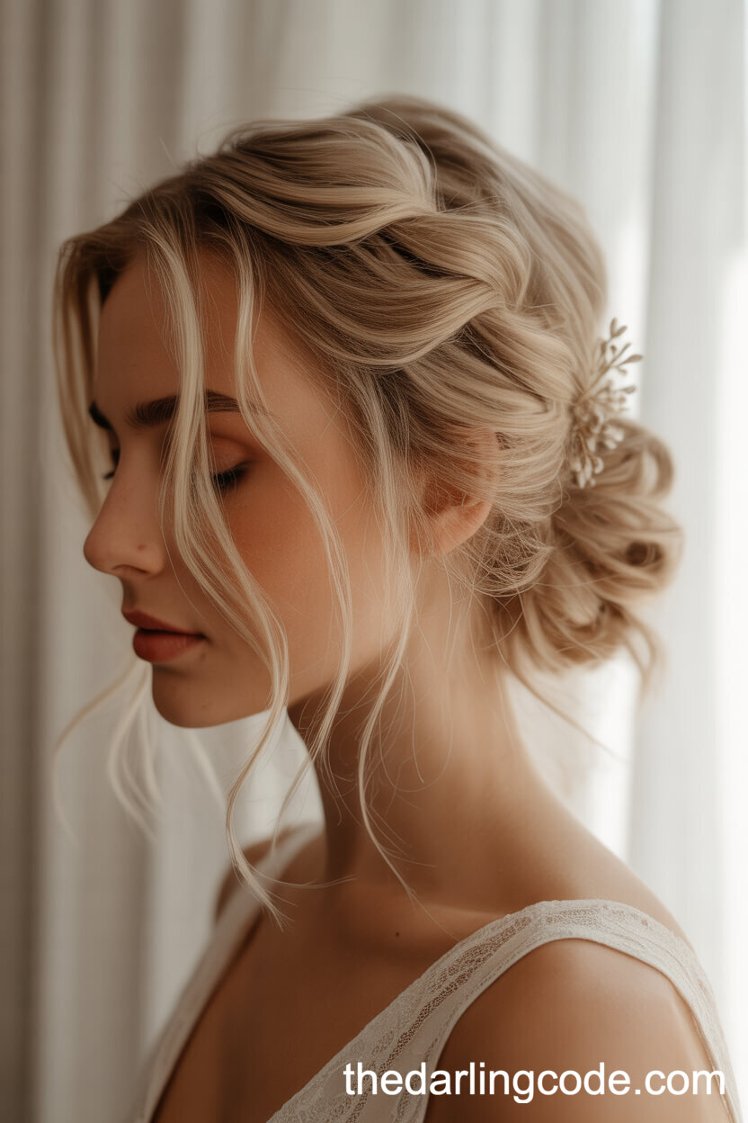 Soft Messy French Twist Updo With Floral Pins