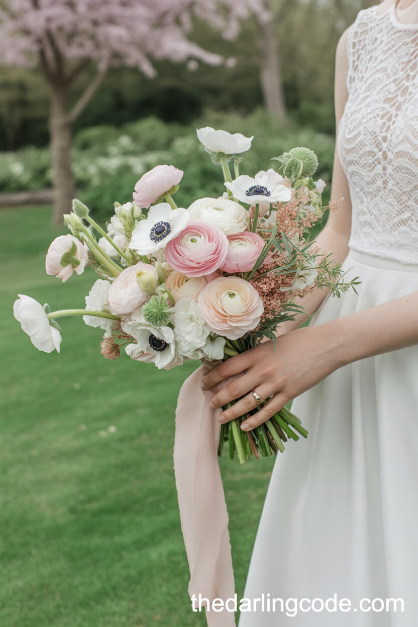 Pastel Ranunculus And Anemone Bouquet With Blush Ribbon