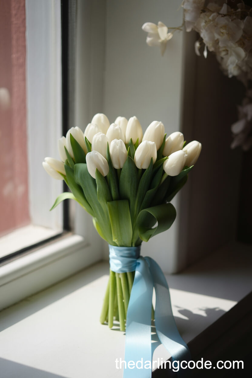 Pure White Tulip Bouquet With Blue Ribbon