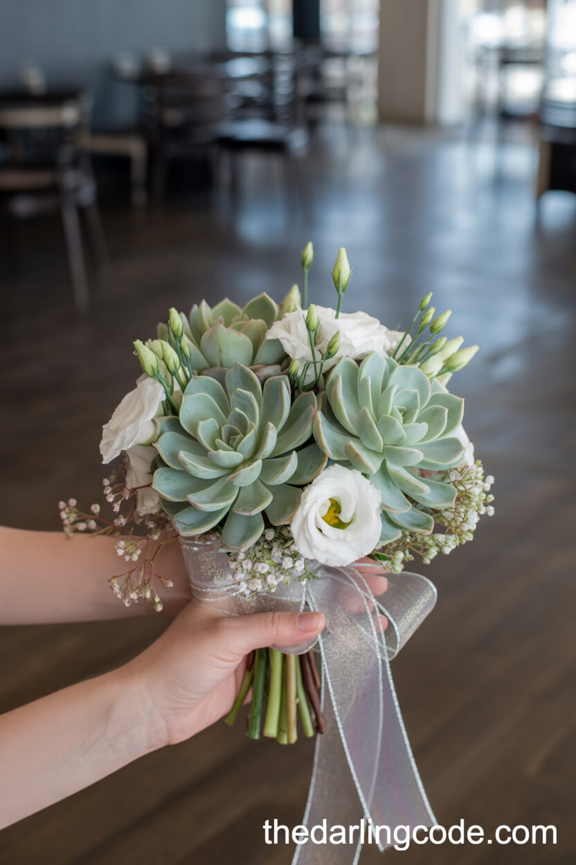 Succulent And Lisianthus Modern Bridal Bouquet