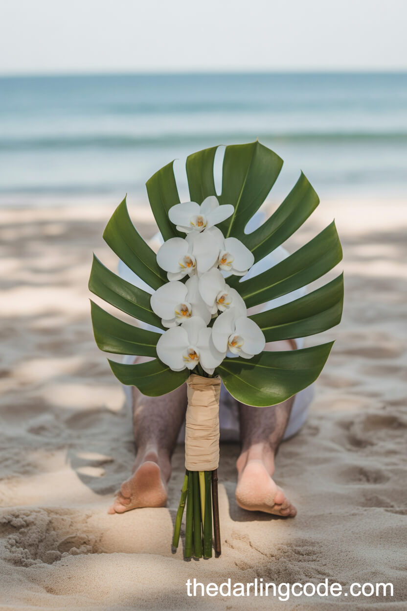 White Orchid And Monstera Leaf Beach Wedding Bouquet