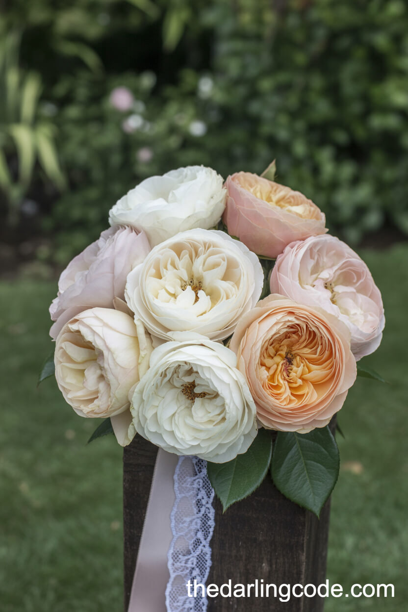 Cream And Peach Garden Rose Lace Bouquet