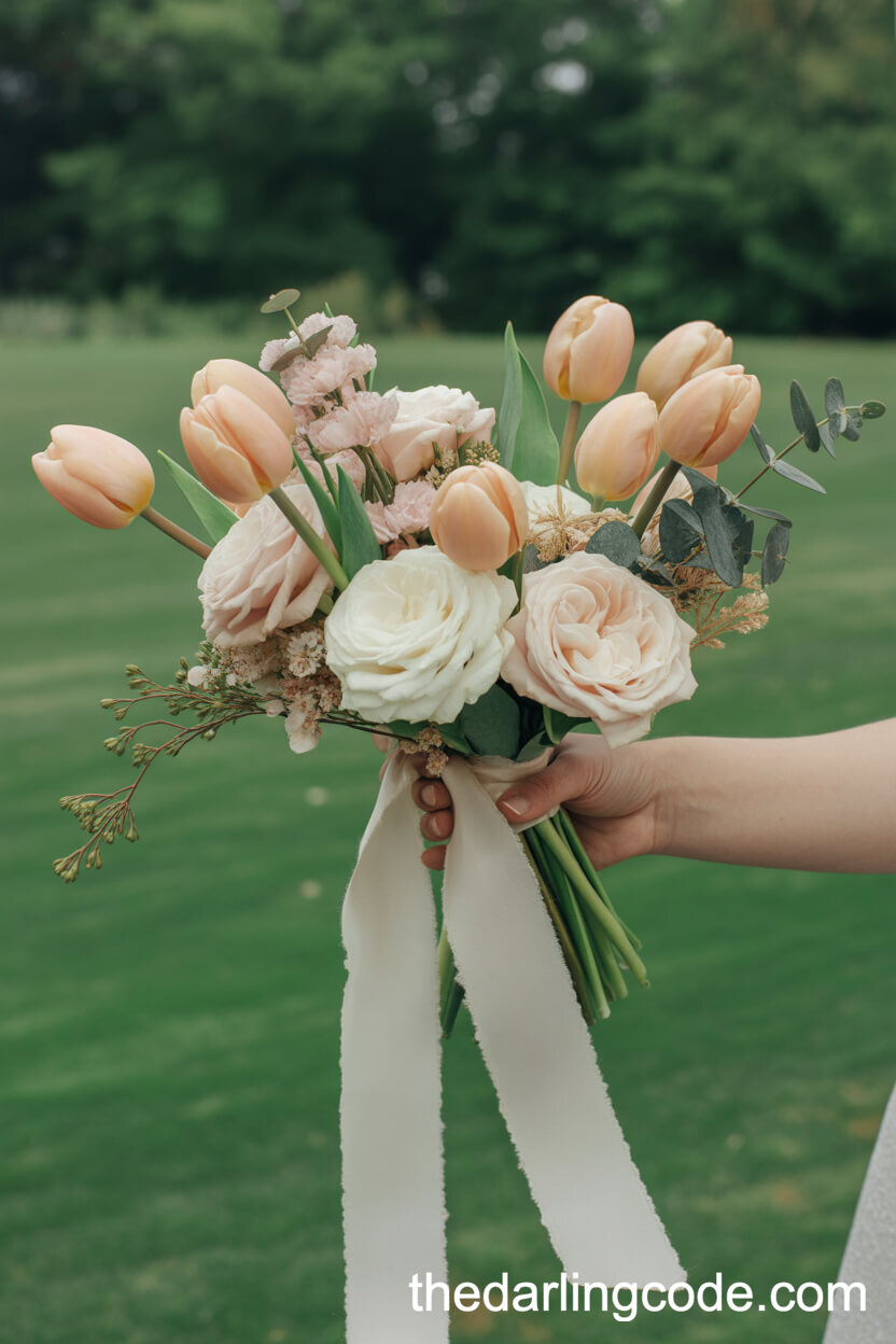 Peach Tulip And Cream Rose Summer Ceremony Bouquet