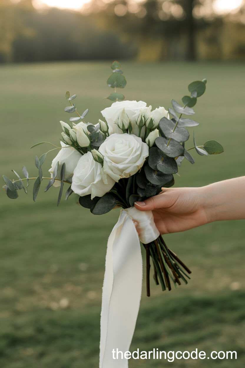 Minimalist White Rose And Eucalyptus Bridal Bouquet