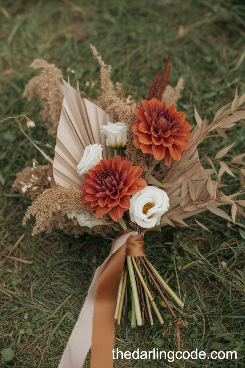 Burnt Orange Dahlia And Dried Grass Fall Bouquet