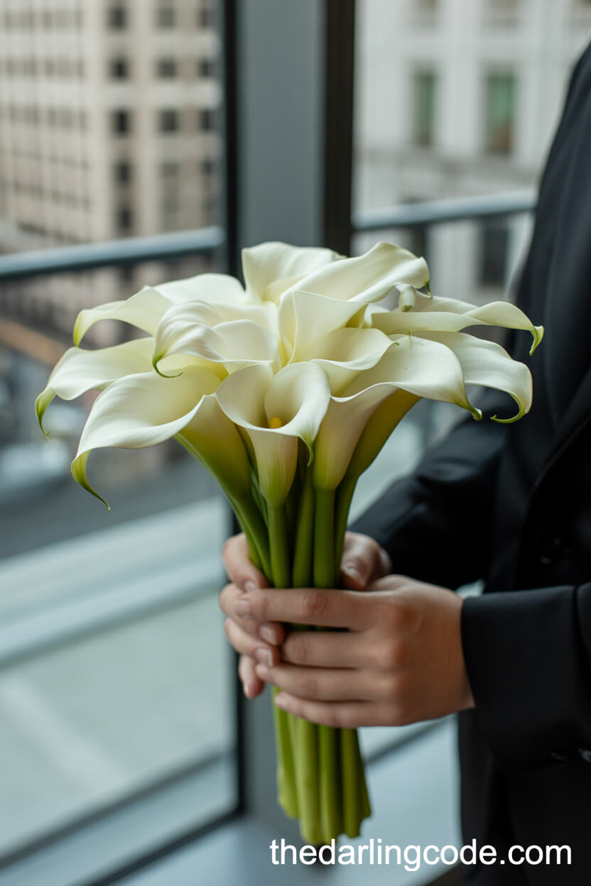 Elegant White Calla Lily Bouquet With Black Ribbon