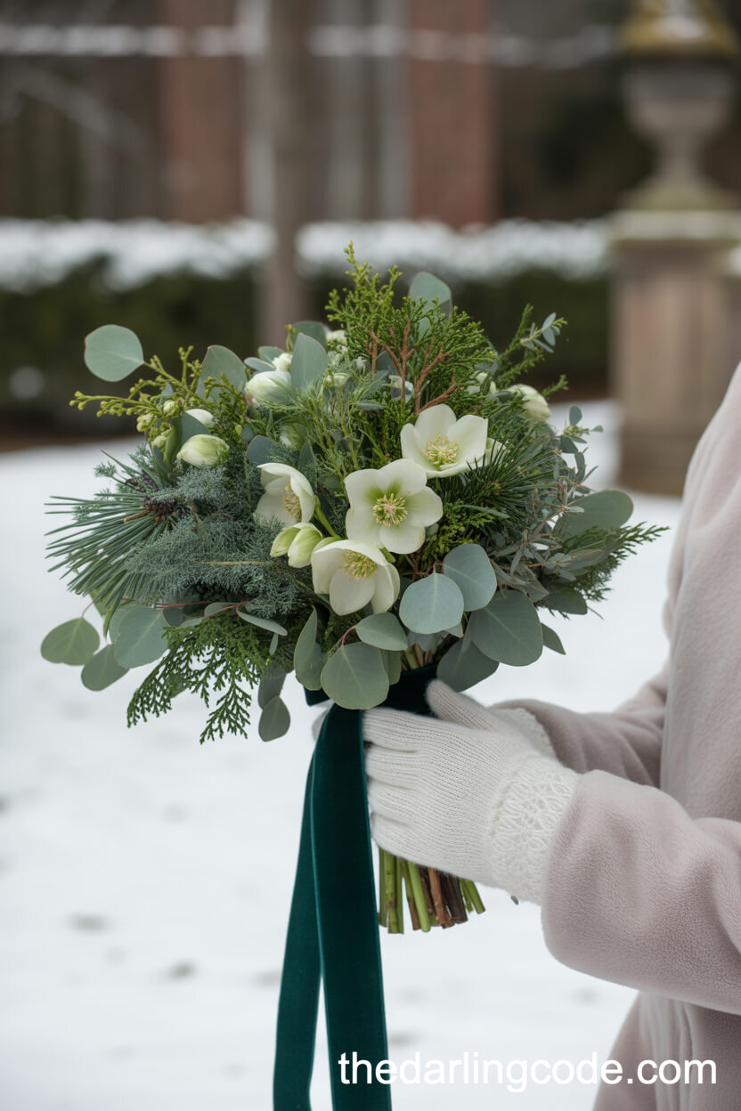 Winter Greenery And White Hellebore Bridal Bouquet
