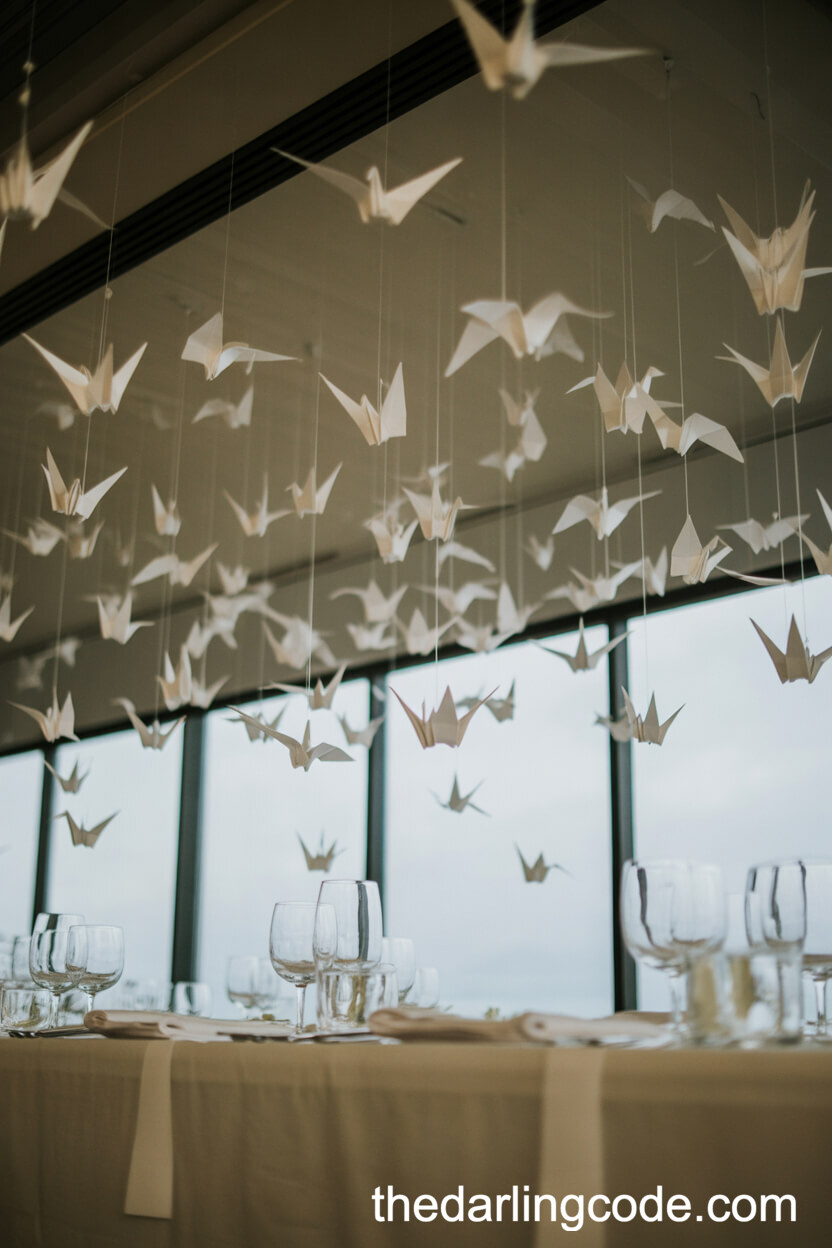 Suspended White Origami Paper Cranes