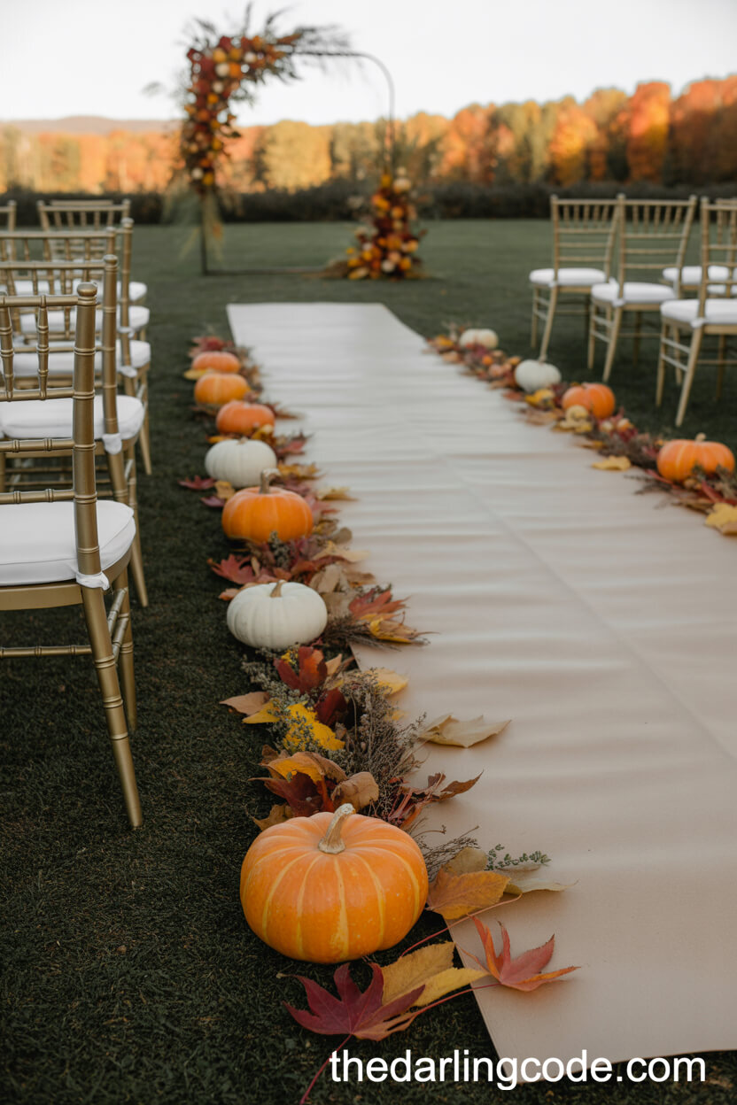 Autumn Aisle Decor With Pumpkins And Leaves