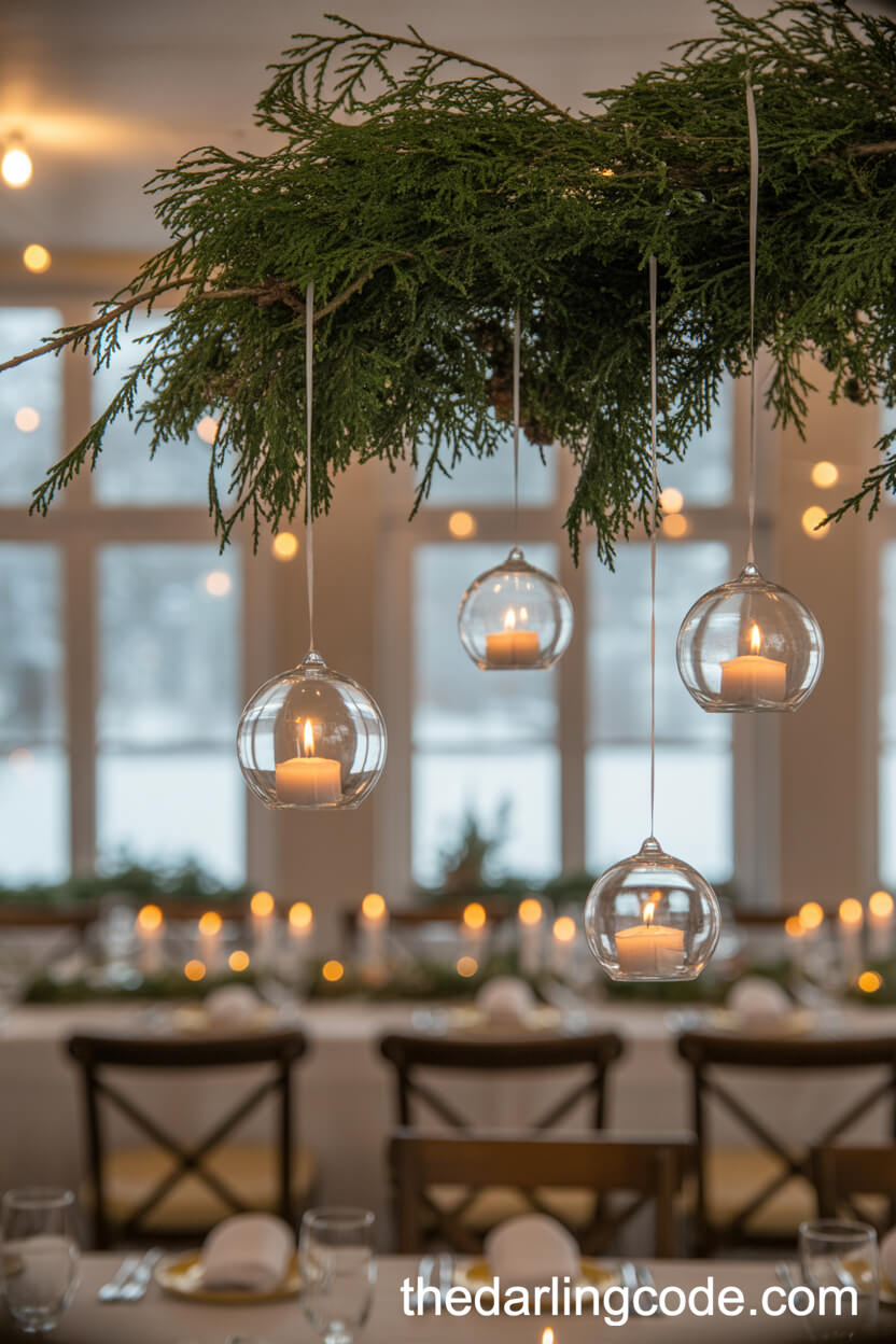 Pine Branches And Hanging Candle Orbs For Winter Receptions