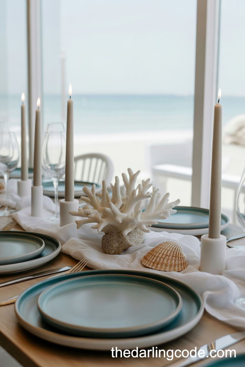 Coastal Table With Shell And Coral Centerpiece