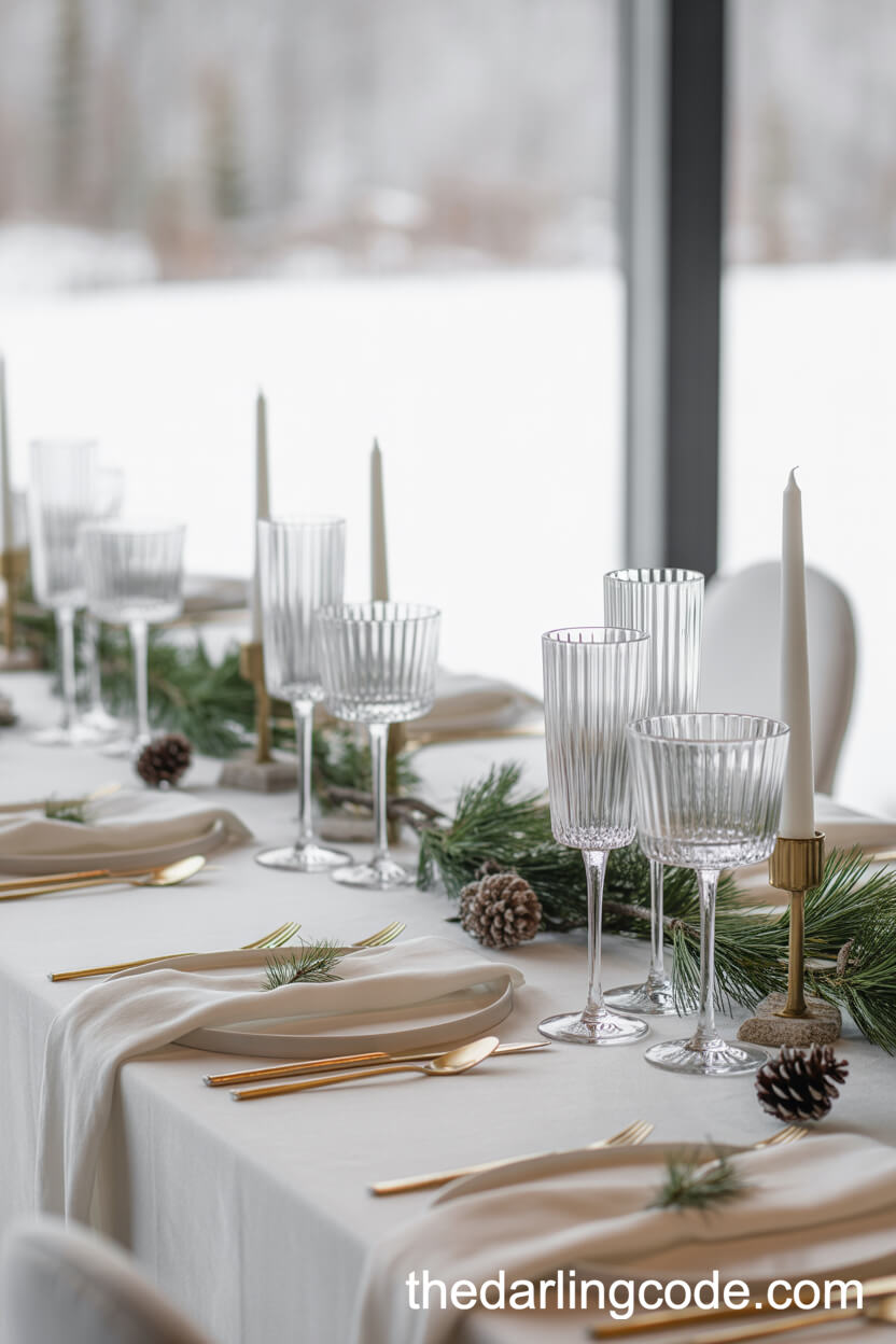 Winter Wedding Table With White Velvet And Pine Accents