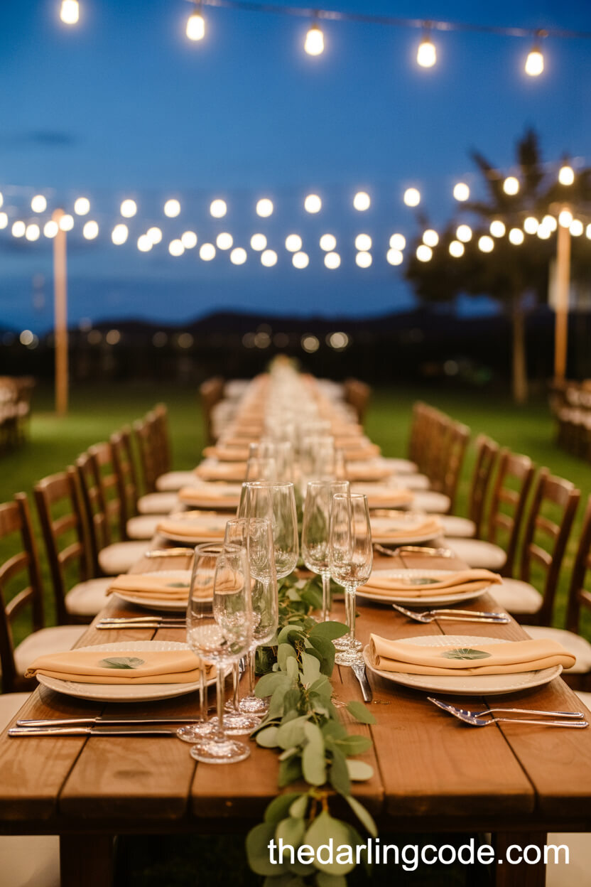 Outdoor Dusk Table With Green Garland And String Lights