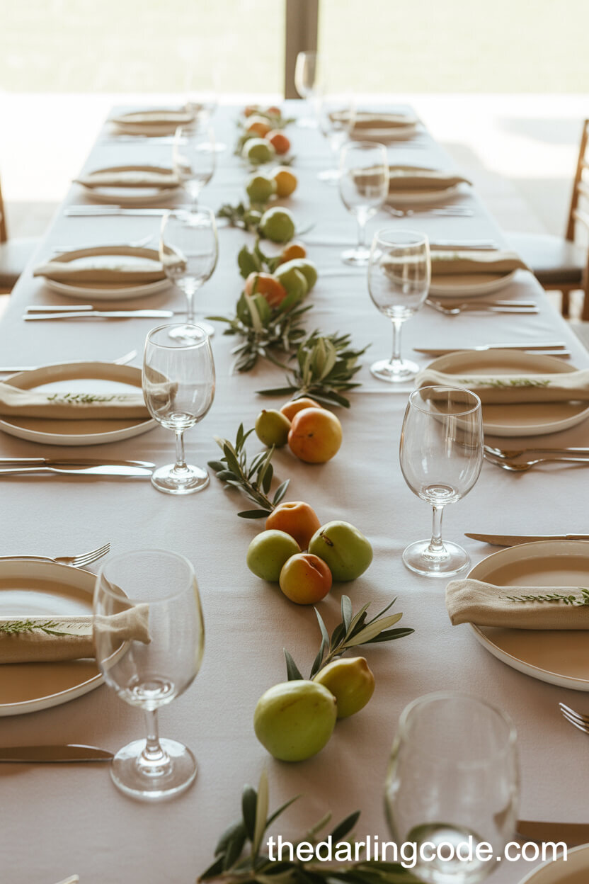 Fresh Fruit And Greenery Clusters On White Linen Table