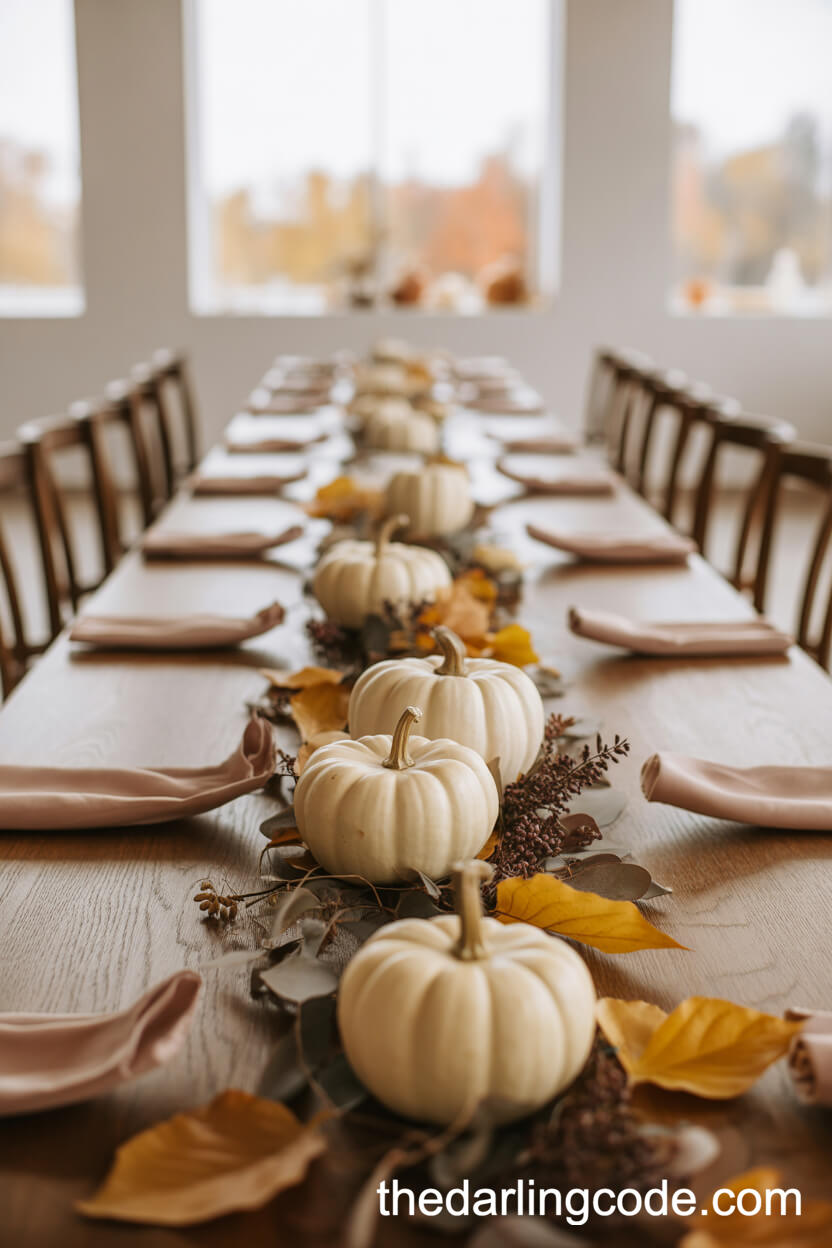 Autumn Minimalist Table With White Pumpkins And Golden Leaves