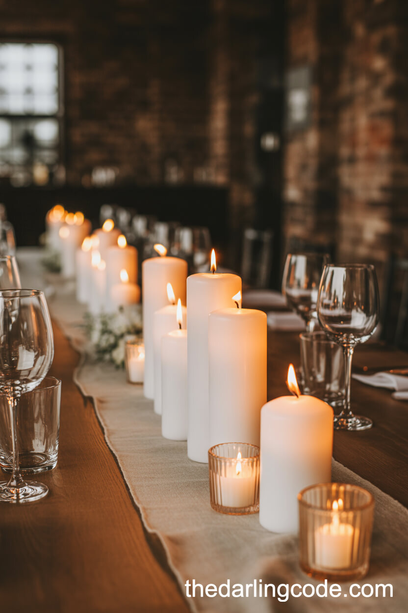 Candlelit Table With Pillar Candles And Linen Runner