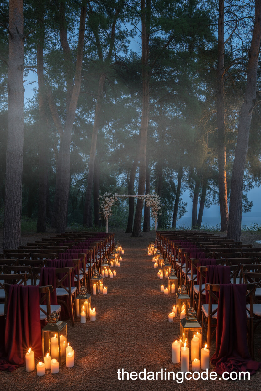 Twilight Forest Aisle With Candlelight And Velvet Chairs