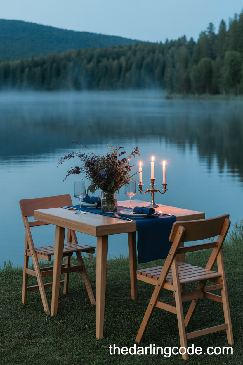 Misty Lakeside Sweetheart Table At Blue Hour