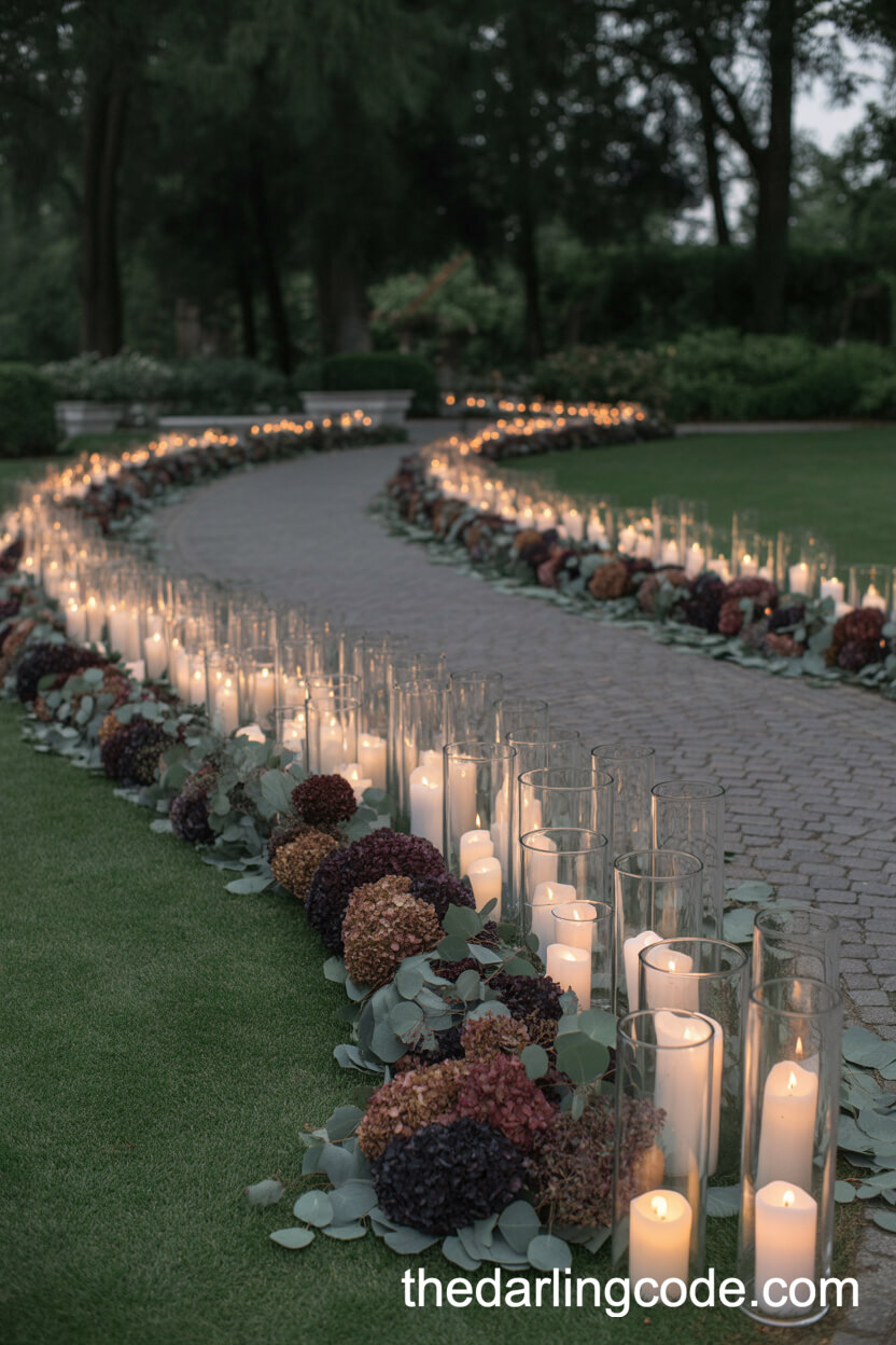 Candle-Lit Pathway Lined With Hydrangea And Eucalyptus Arrangements