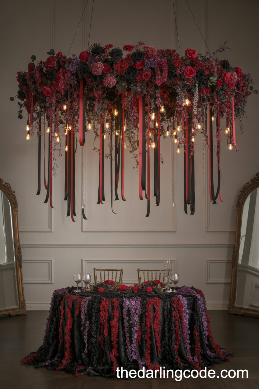 Floating Floral Chandelier Over A Moody Sweetheart Table