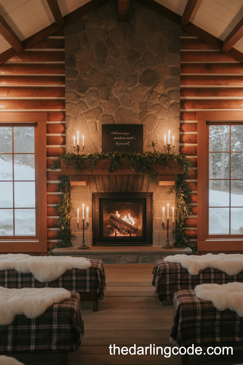 Luxe Winter Ceremony In A Cabin With Firelight And Dark Greenery