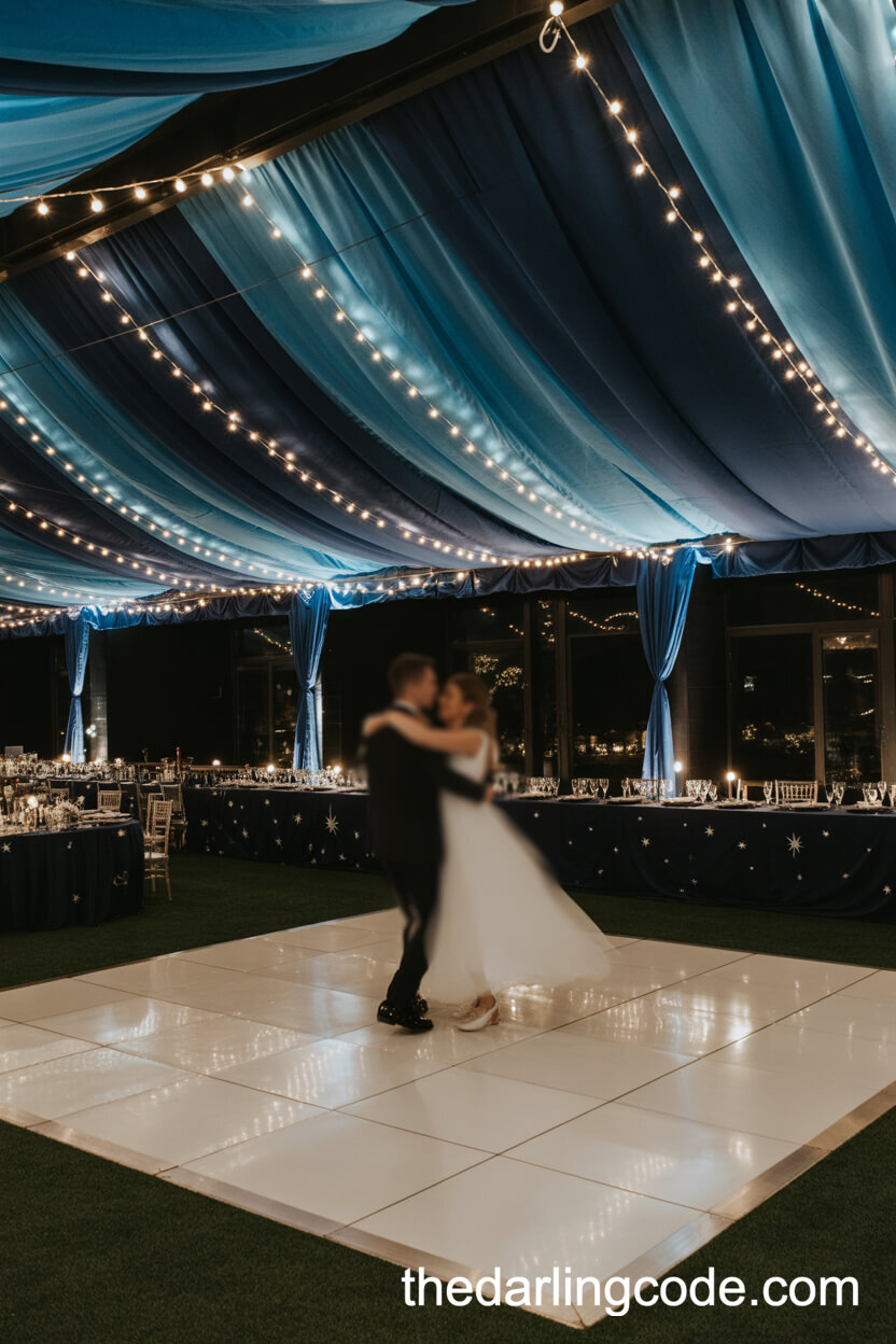 Canopy Dance Floor With Navy Silk And Fairy Lights