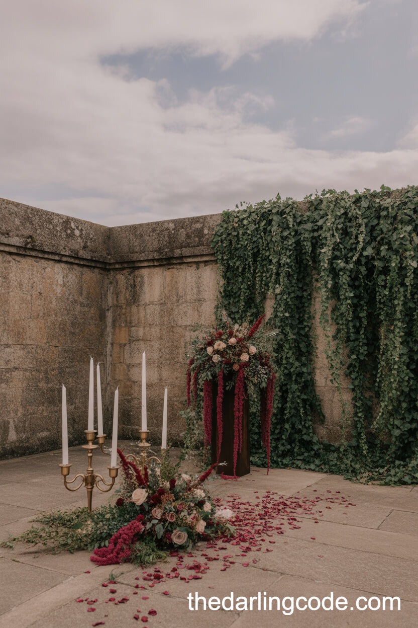 Ancient Stone Wall Ceremony Dressed In Ivy And Burgundy Blooms