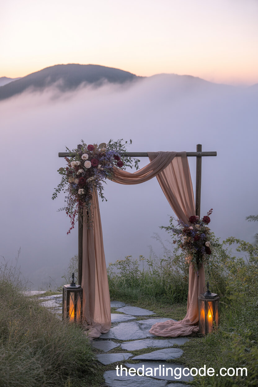 Misty Mountain Overlook Ceremony With Smoky Chiffon And Wildflowers