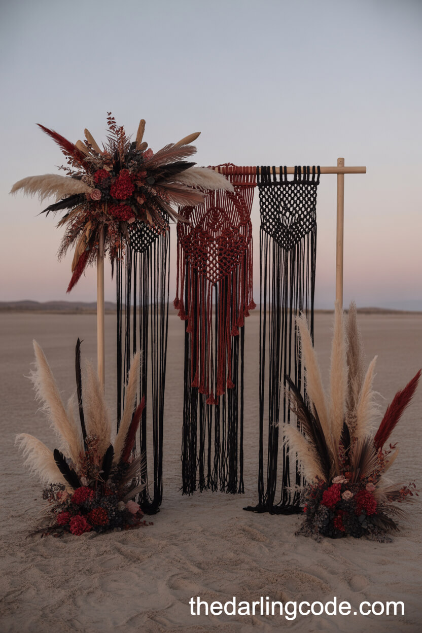 Macramé And Moody Floral Altar Backdrop In Desert Twilight