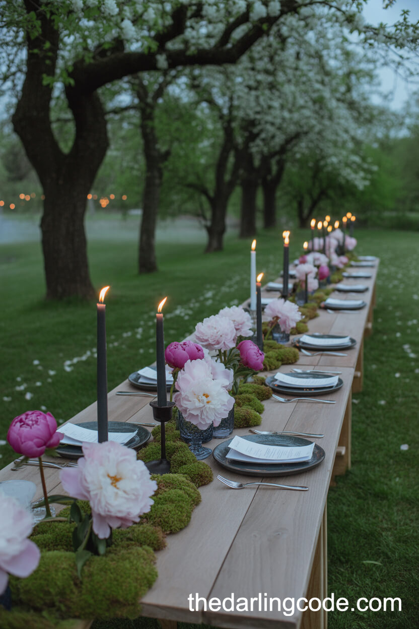 Dusk Garden Table With Moss Runner, Peonies, and Candlelight
