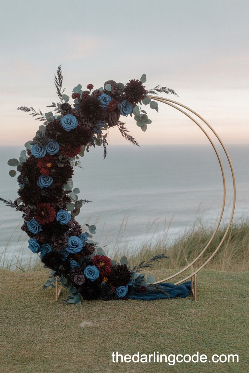 Coastal Crescent Moon Arch With Deep-Toned Moody Florals